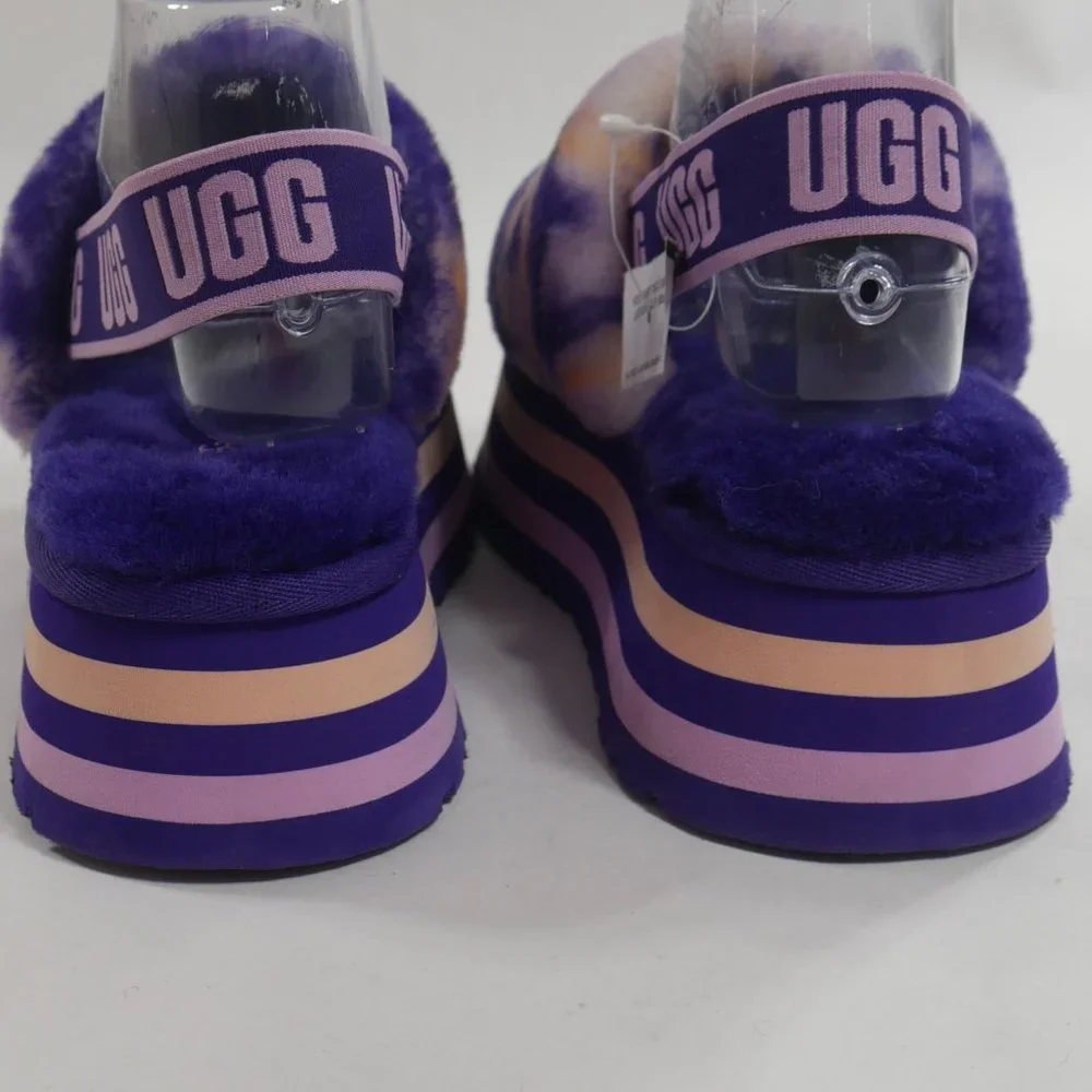 New UGG® Plush Disco Marble Fur Platform Slides Violet Night Womens Size 10